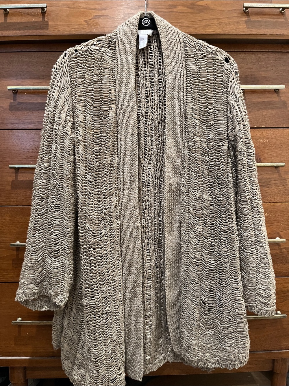 Chico's Open-Weave Beige Shawl-Collar Cardigan